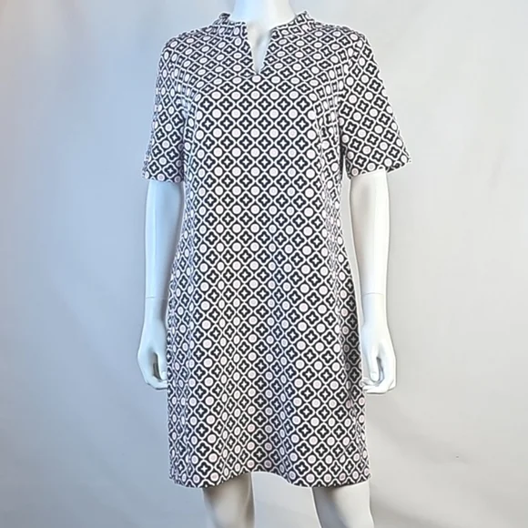 Talbots Navy & Pink Geometric Print Split Mockneck Short Sleeve Shift Dress - Picture 3 of 16